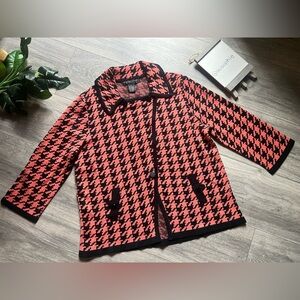 Pine Needles New York Orange Black Knit Houndstooth Cardigan Jacket. Size M
